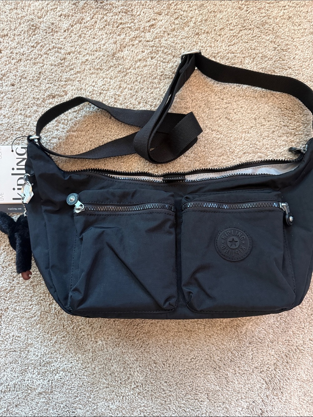 Kipling Black Nylon Crossbody Belt Bag with Front Zip Pockets
